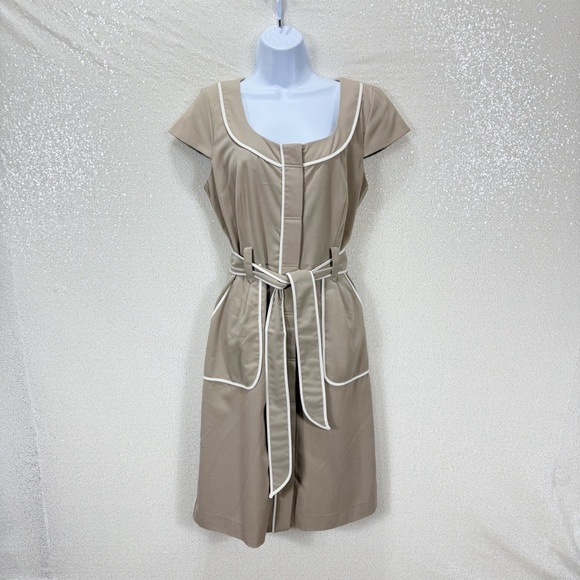Sandra Darren Taupe Belted Sheath Dress Size 12 | Contrast Trim Office Dress - Picture 2 of 11